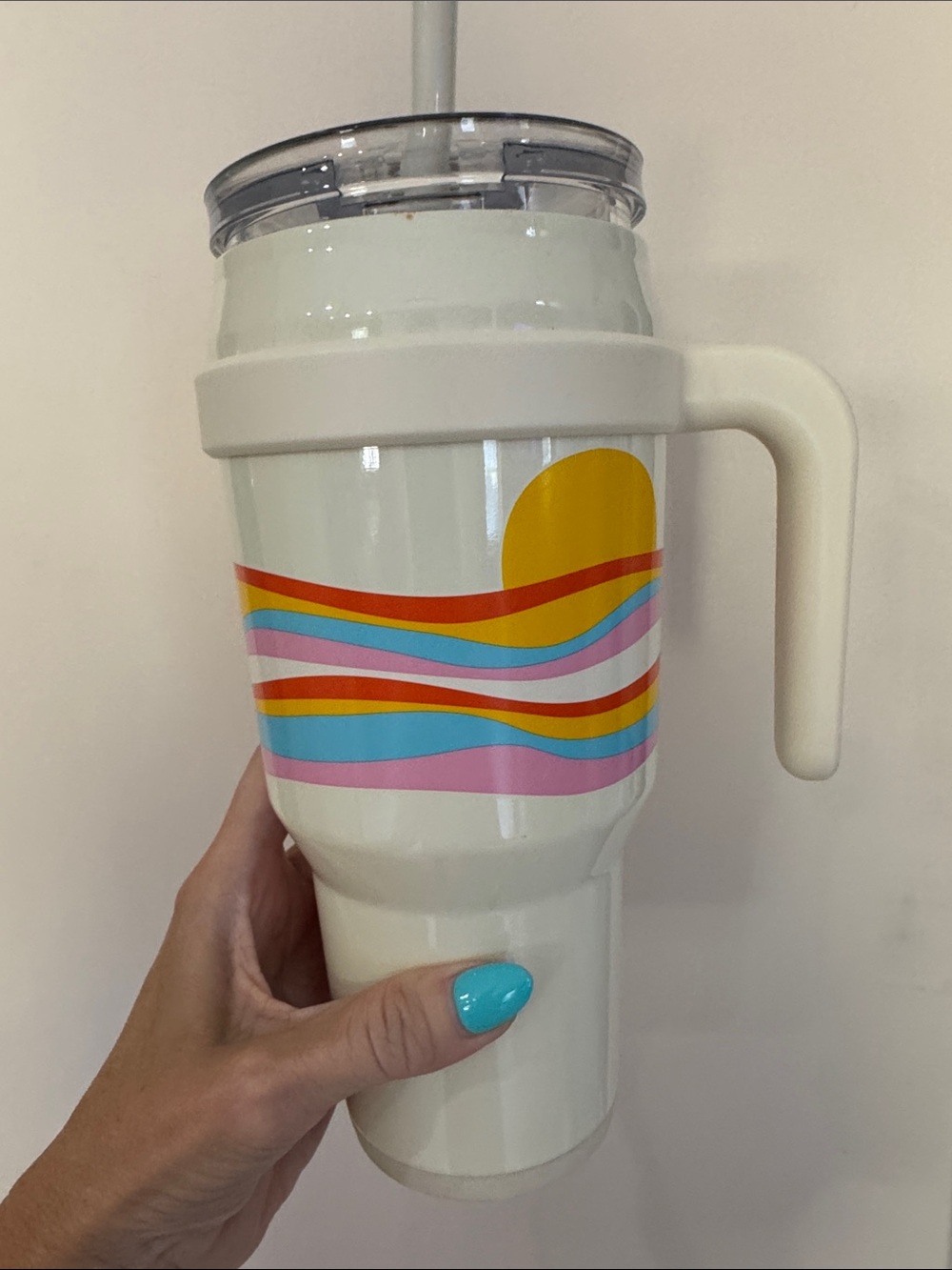 Cream Travel Mug with Sunset Stripe Design